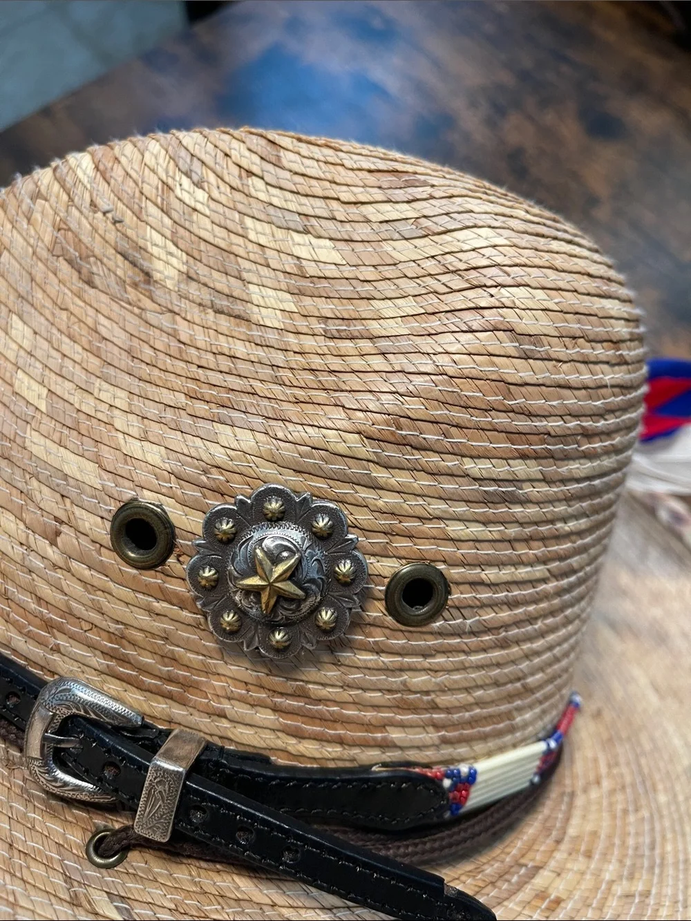 Women’s Straw Cowboy Hat with Red, Blue & White Feather - Patriotic Choncho